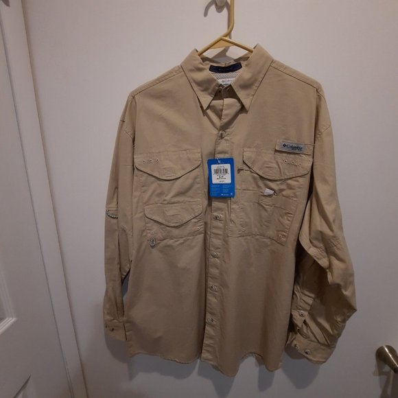 Columbia PFG Mens S Bonehead Khaki L/S Vented Button Sleeves  Fishing Shirt NWT - Picture 1 of 9